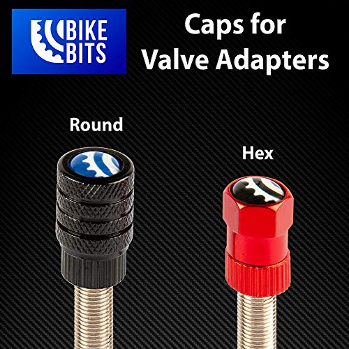 Amazing Bits Bike Valve Adapter - Convert Presta to Schrader - French/UK to US - Inflate Tire Using Standard Pump or Air Compressor (5 Pack) (Red Hex Caps)
