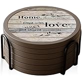 Absorbent Coasters for Drinks with Holder, Set of 6 Farmhouse Coasters, Silicone Coaster with Soft Felt Insert, Round, Housewarming Gifts