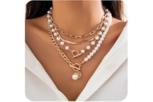 RGWTGKYH 4 PCS Layered Gold Necklace for Women Chunky Gold Necklace Stack Paperclip Chain Pearl Necklace Herringbone Choker Necklace Fashion Jewelry Gifts