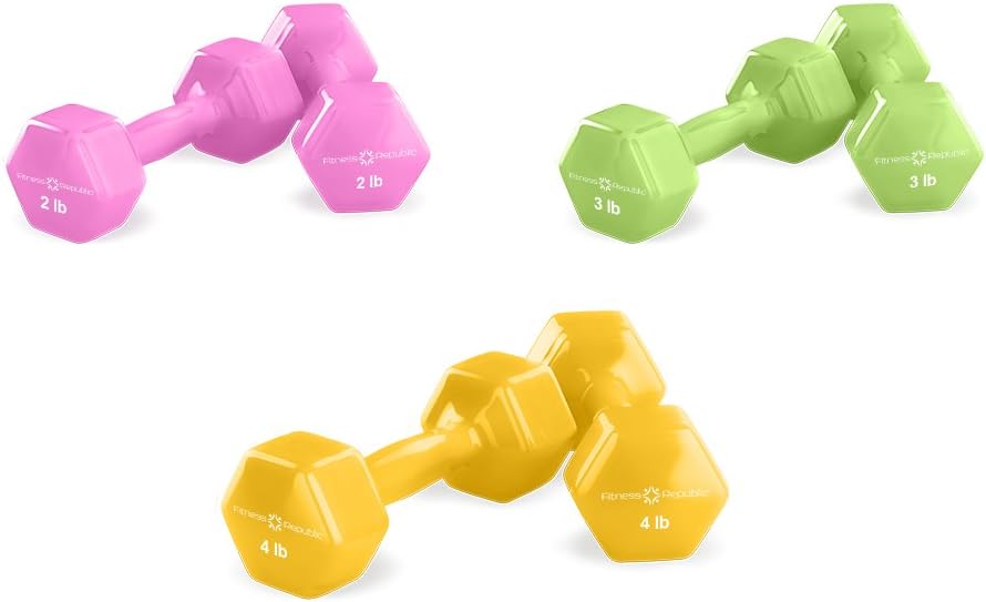 Fitness Republic Vinyl Coated Dumbbells Combos Hex Shaped, Roll Free, Non Slip Hand Weights for Strength Training, Color Coded Dumbbells