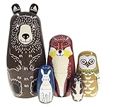 Arsdoll Cartoon Brown Bear Fox Owl Rabbit Raccoon Nesting Doll Wooden Matryoshka Russian Doll Handmade Stacking Toy Set 5 Pieces for Kids Girl Home Decoration