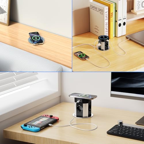 Built-in 9-in-1 Worktop Socket, 4-Outlet Retractable Power Strip 2 USB-C PD 75W Total, Qi Wireless Charging 15W, Pressure Open, Cable 1.8 m, Ø100 mm, Black