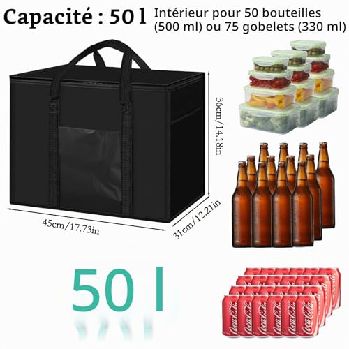 JINGTOPS Insulated Bag 50 Litres Large Foldable Car Cooler Bag for Barbecue, Camping, Picnic, Shopping, 45 x 31 x 36 cm