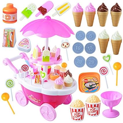 Thboxes 39pcs Kids Pretend Play Toy Set, Mini Simulated Candy Wheelbarrow Ice Cream Store, Play House Toys Pink