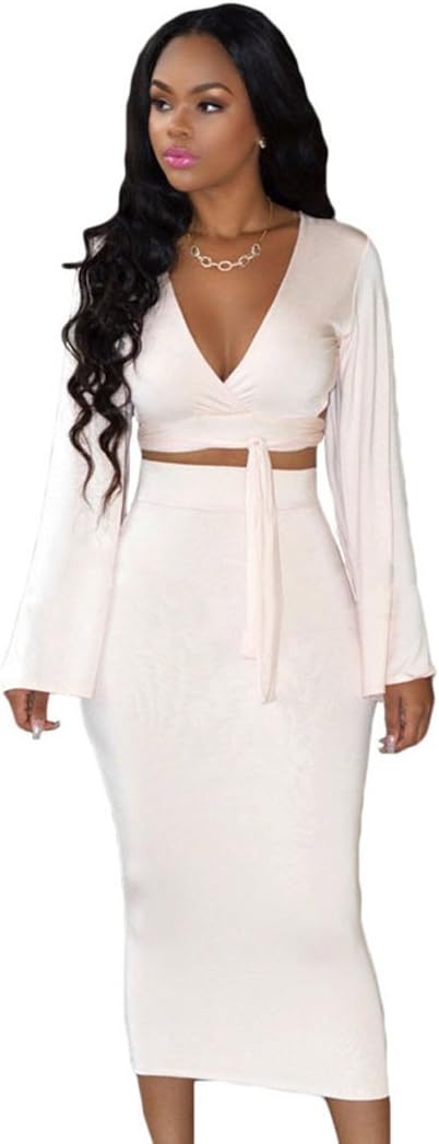Mxtoppy Women Sexy Bodycon Dress Night Clubwear Casual V Long Top Midi Skirt Sets Slim Waist White (L)
