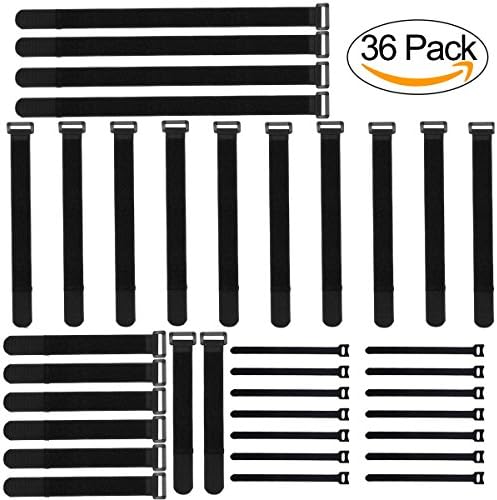 Adywe 36 Pack(6"- 8”-12”-20”) Black Adjustable Cable Wire Ties with Plastic Buckle, Reusable Fastening organizer Cord Ties, Self-adhesive Hook and Loop for Cord Management