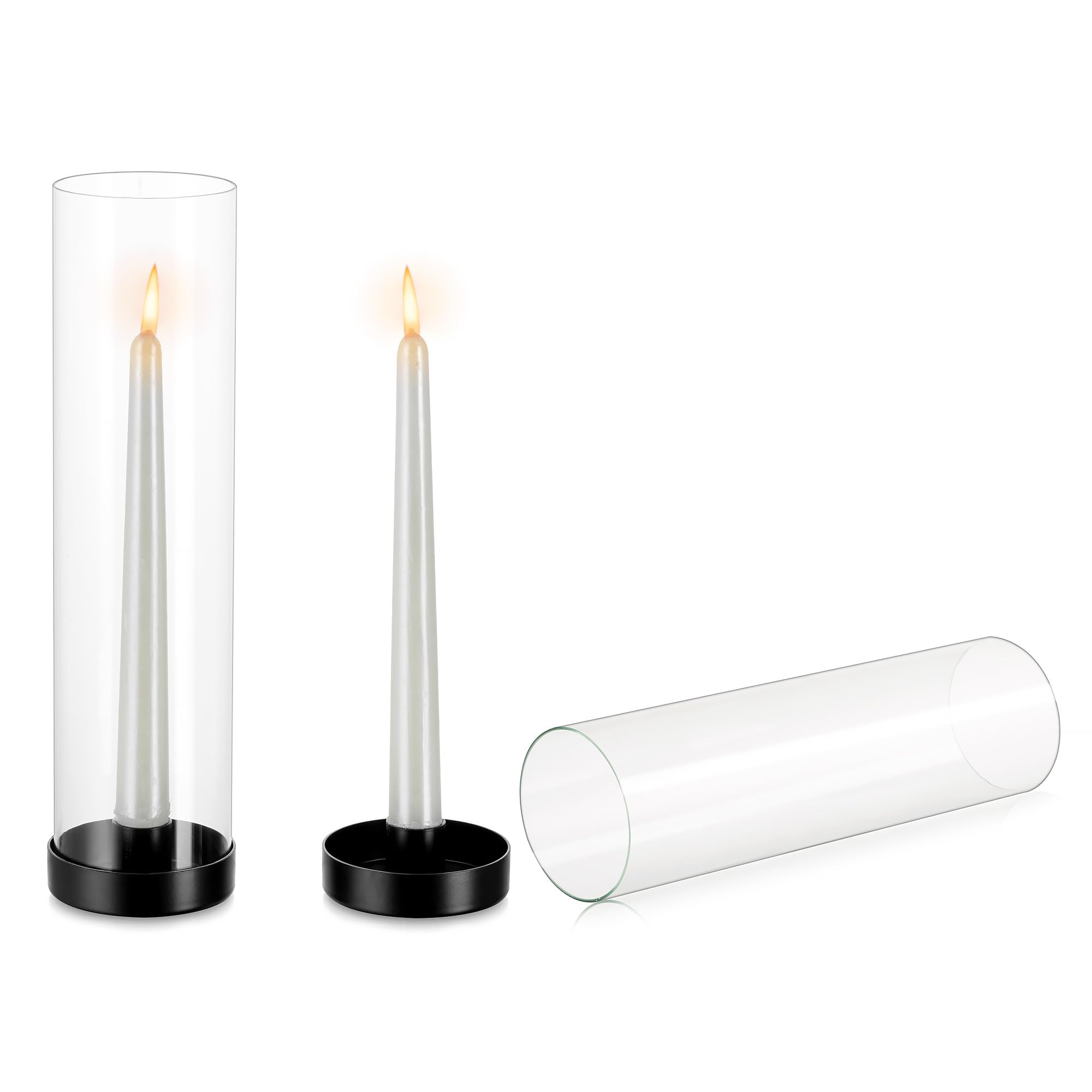 NUPTIO Hurricane Candlestick Holder Black: 2 Pieces Glass Metal Candle Holders for Taper Candle Stick 30cm Tall Clear Open Ended Candleholder Cylinder Shade Party Wedding Centrepieces for Tables