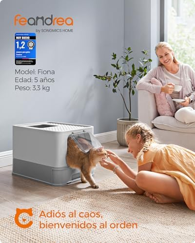 Arenero para Gatos, Caja Arena con Bandeja Extraíble, Pala, Cepillo, Espacioso para Gatos Grandes, Carga de 15 kg, Antifiltración, Antiescapes, Gris Claro y Gris Paloma PPT001GD03
