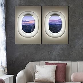 2 Panel Canvas Wall Art - Brown Plane Window Seat Evening Sunset Mountain Cloud View - Giclee Print Gallery Wrap Modern Home Art Ready to Hang - 16"x24" x 2 Panels
