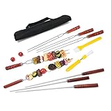 Monbix SK-70710 1/4 Inch Flat & U-Shaped Stainless Steel Kabob Skewers Each Has 4Pcs, 16.5 Inch BBQ Skewers With Wooden Handle, Comes With Multi-Function Basting Brushes And Handy Storage Pouch