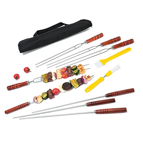 Monbix SK-70710 1/4 Inch Flat & U-Shaped Stainless Steel Kabob Skewers Each Has 4Pcs, 16.5 Inch BBQ Skewers With Wooden Handle, Comes With Multi-Function Basting Brushes And Handy Storage Pouch