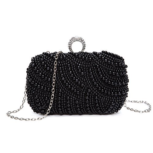 Chichitop Womens Luxury Special Crystals Beaded Pearl Evening Clutch Bag,Black
