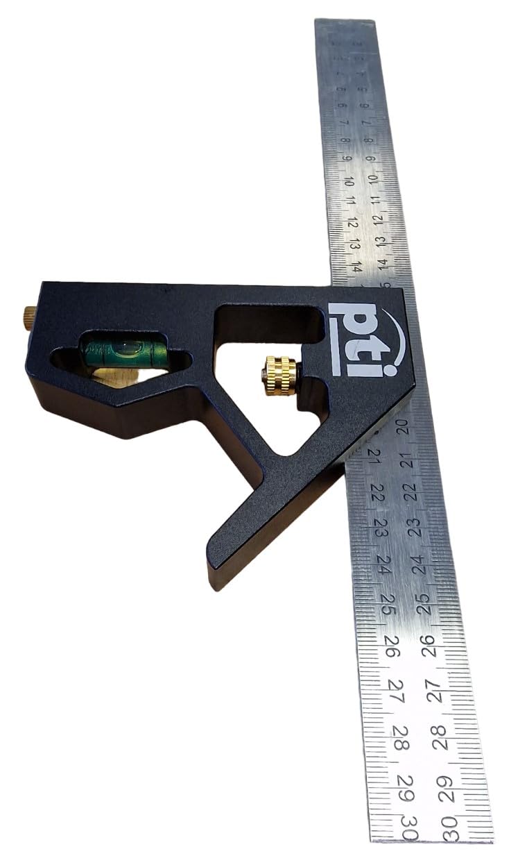 PTI Combination Square 12Inch/300mm, Engineers Set Square, Stainless Steel Angle Ruler, Adjustable Carpentry Square 45/90 Degree with Bubble Level, Measuring Tool for Engineer Carpenter