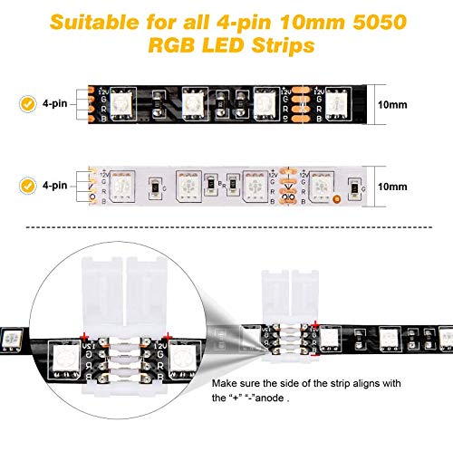46 Pcs RGB LED Light Strip Connectors Kit, 4Pin LED Connector 10mm Gapless Solderless Adapter, L Shape Connectors,T Shape Connectors for SMD 5050 LED Strip with 10 Led Strip Clips, Pry Open Tool