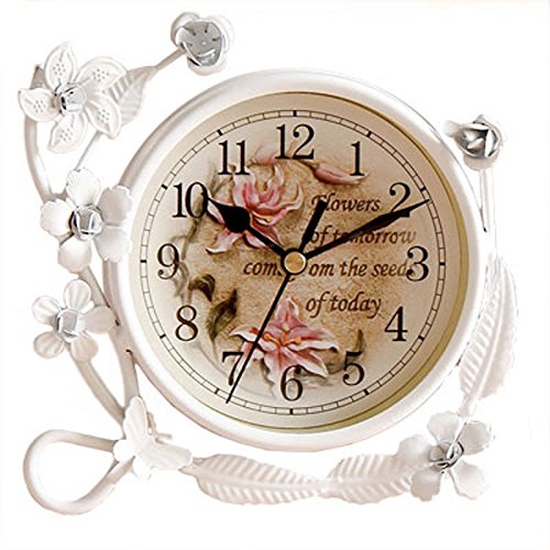 SWHONG White Flower Rustic Iron Table Clock Bedside Bedroom Living Room Silent Desktop Clock Art Home Decor…