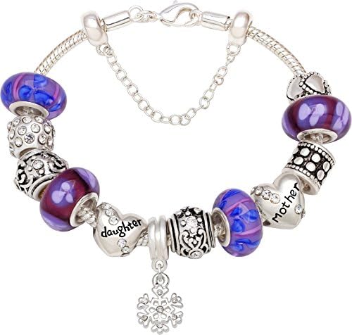 "The Love Between Mother And Daughter is Forever" Purple Flower Silver-tone Bead Charm Bracelet