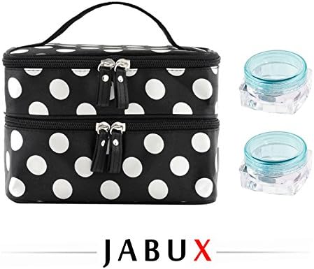JABUX Double Layer Cosmetic Bag Black with Dot Travel Toiletry Cosmetic Makeup Bag Organizer With Mirror(Free 3 gram Cosmetic Sample Containe 2 Pieces) (Black)