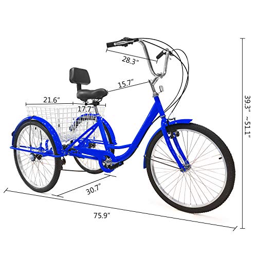 SURPCOS Adult Tricycle Cruise Bike Full Size 3 Wheeled Trike Bicycle with Wire Shopping Basket (Blue, 7-Speed, 26" Wheel)