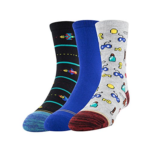 Gold Toe Boys' Little Patterned Crew Socks 3-Pack, Gamer Space Ships, Medium (Shoe Size: 9-2.5)