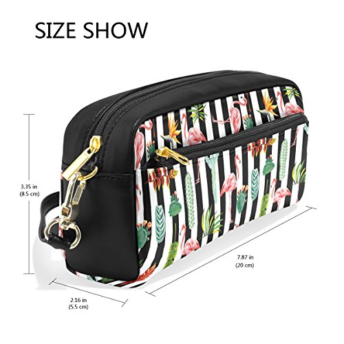 Naanle Tropical Flamingo Green Leaves Flowers Cactus Stripe PU Leather Zipped Makeup Jewellery Bag for Woman Girl Travel Holder Phones Electronics Storage Nail Polish Organizer (Multi#14)