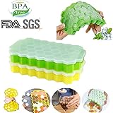 Ice Cube Trays,2 Pack Food Grade Silica Gel Flexible and BPA Free 74 Cubes Ice Trays with Lid Stackable Mini Cocktail Whiskey Ice Cube Mold Storage Containers-Green/Yellow