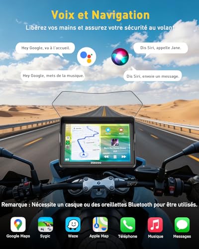 ESSGOO CarPlay Moto 5" Écran Tactile IPS avec CarPlay & Android Auto sans Fil, GPS Moto Étanche, Musique Bluetooth, Navigation, Support Siri, Installation & Démontage Faciles
