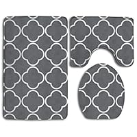 HUNANing 3 Piece Plush Large Bathroom Rug Mat Set, Charcoal Gray White Quatrefoil Clover Pattern,Extra Soft and Absorbent Rugs,Toilet Set