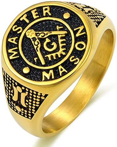 Uezenu Mens Gold Plated Stainless Steel Master Mason Black Enamel Freemason Masonic Ring