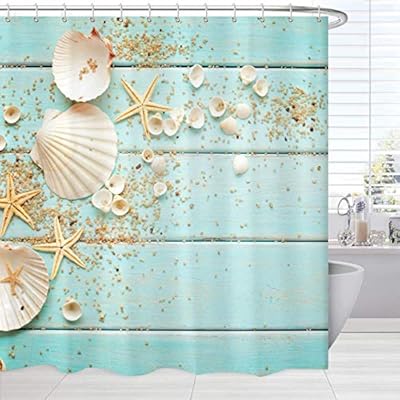 Seashell Shower Curtain Set Sea Shells Starfish On Teal Wooden Board Beach Bath Shower Curtain Cloth Waterproof Turquoise Bathroom Accessories Set With Curtain Hooks 72 X 72 Amazon Sg Home