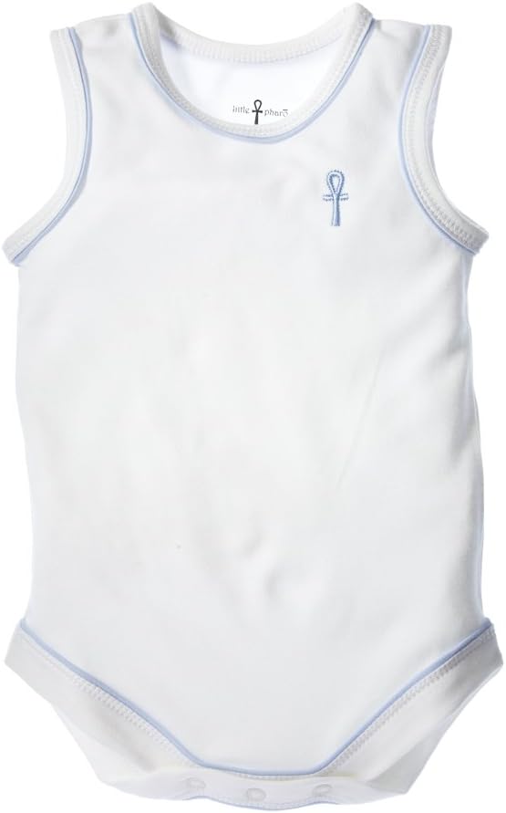 little pharo 100% Extra-Long Staple Egyptian Cotton Sleeveless Bodysuit (Ivory with Blue Piping, Size 18-24 Months)