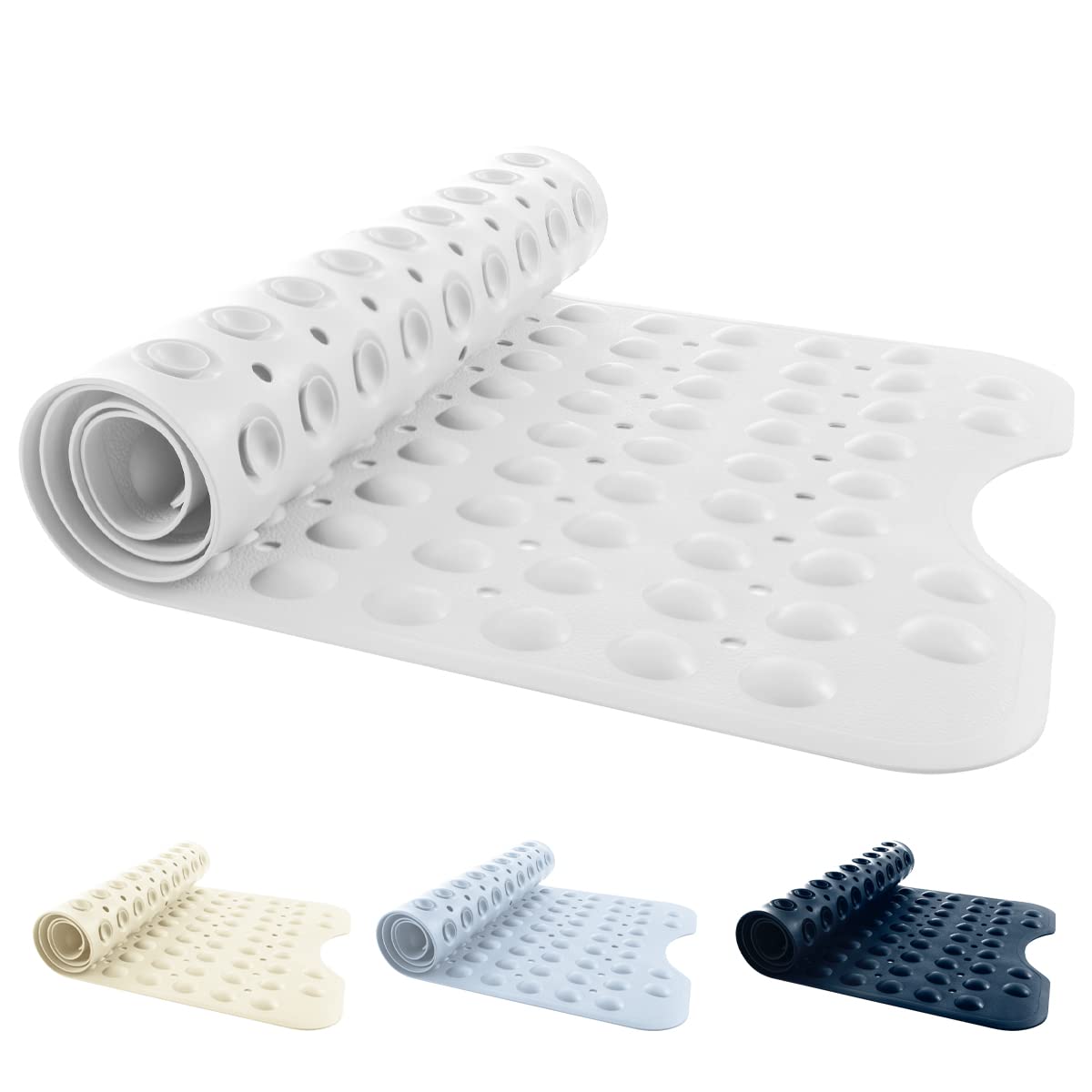 ANSIO Bath Mat Non Slip Anti Mould 100 x 40 cm – Long PVC Shower Mat with Suction Cups & Drain Holes, Machine Washable Bathtub Mat, White