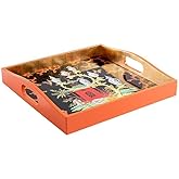 Caspari Rococo Fantasy Lacquer Square Tray in Black – 14” x 14” Decorative Serving Tray, Handcrafted Wood & Lacquer Finish, Museum-Inspired Artwork – 1 Each