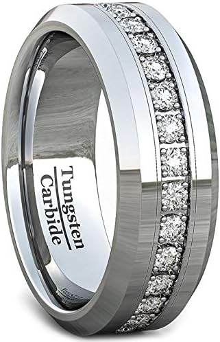 Duke Collections Mens Wedding Band Classic 8mm Tungsten Ring Polished Fully Stacked Cubic Zircon Beveled Edge Comfort Fit