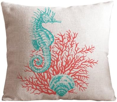 OneMtoss Cotton and Flax Ocean Theme Decorative Cushion cover Case 20" x 20" Square Shape (red-sea horse)