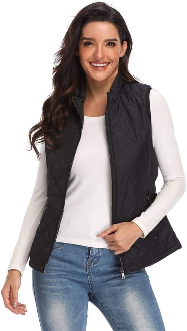 Argstar Lightweight Stand Collar Zip Pockets Gilet Quilted Puffy Vest for Women at  Women's Coats Shop