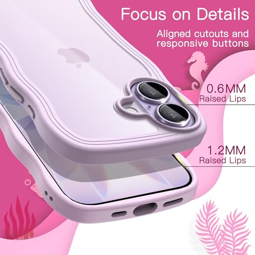 JETech Wavy Case for iPhone 17 6.3 Inch, Wave Frame Cute Curly Shape Anti-Shock Case for Women Girls, Transparent Back Hard PC (Purple)