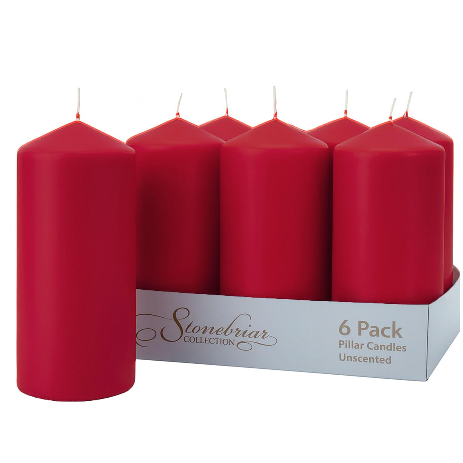 Stonebriar Unscented Pillar Candles – 80 Hour Burn Time, Long-Lasting Wax Candles for Weddings, Holidays, Home Décor & Special Events, Pack of 6, Red, 3" x 8" Image