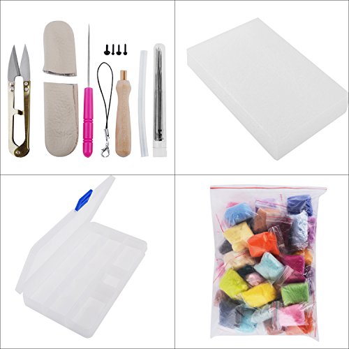 Needle Felting Kit -Craft Needle Felting Foam kit Felting Mat Awl Needles in Handy Case- 36PCS Colors Felting Fibre Wool Yarn Roving for Starter + 3-6mm Black Eyeballs For Needlework