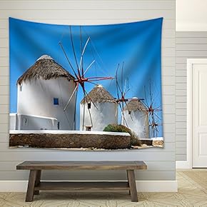 Traditional White Greek Windmills Popular Tourist Destination on Mykonos Island, Greece, Europe - Fabric Wall Tapestry Home Decor - 51x60 inches