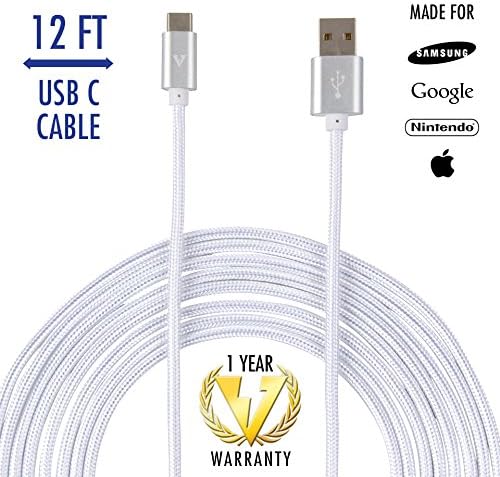 USB Type C Charger by vCharged | Extra Long 12 FT Charging Cord for Samsung Galaxy S21/A10/A20/A51/S10/S9/S8, Premium Nylon Braided USB C Cable (White)