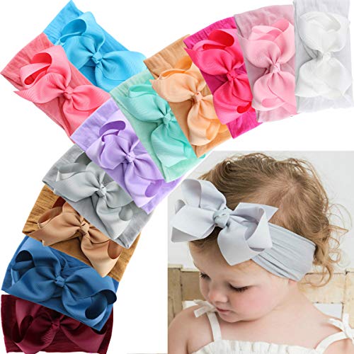 12PCS Baby Girls Grosgrain Ribbon Hair Bows Nylon Headbands 5Inch Big Bow Knotted Soft Nylon Hairbands Turban Head Wrap for Infants Toddlers Newborns Kids