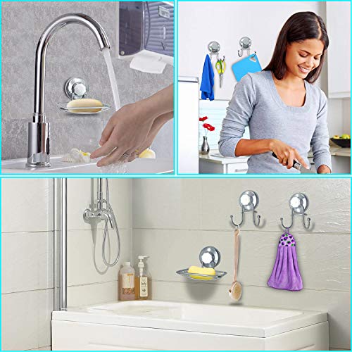Soap Dish Suction Cup Hooks,IELECMG Bar Soap Sponge Holder Vacuum Bathroom Hooks Stainless Steel Shower Hooks for Bath Robe, Loofah,Soap Holder Towel Hooks for Kitchen Bathrooms