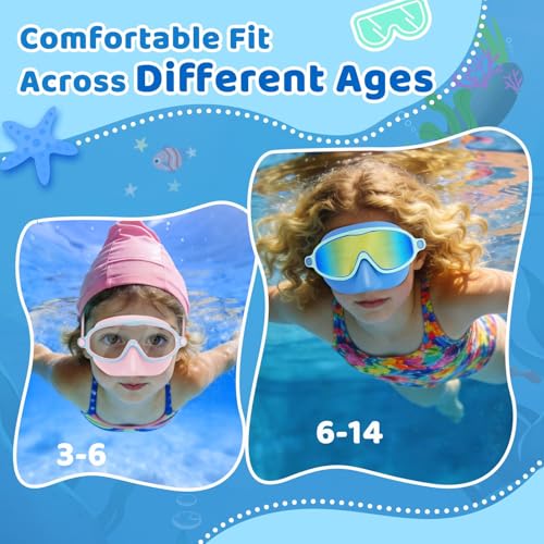 ORCHID M® 2 Pack Kids Swim Goggles with Nose Cover, Wide View Anti-Fog UV Protection Swimming Mask for Boys Girls Ages 3-14