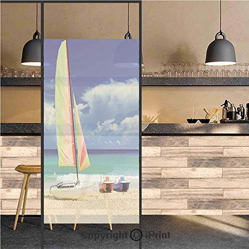 3D Decorative Privacy Window Films,Exotic Cuban Beach with Wind Surfing Boat and Waves Tropic Coastal Picture,No-Glue Self Static Cling Glass Film for Home Bedroom Bathroom Kitchen Office 24x48 Inch