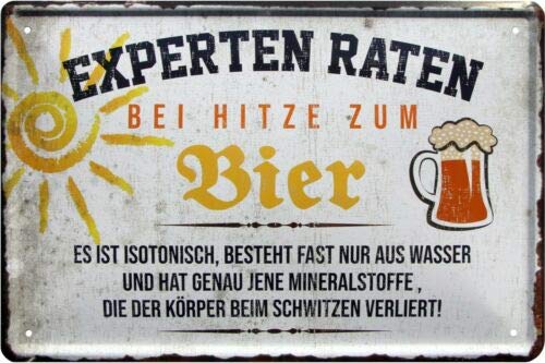 1483 Tin Sign with German Text "Experten Raten bei Wärme zum Bier" (Experten guess at heat to beer) 20 x 30 cm