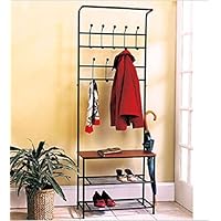Entryway storage bench coat rack wood seat shelf hall tree rustic black metal