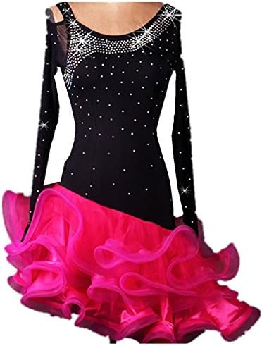 Full Nice Women's Latin Long Sleeve Dance Dress(Black+rose red,M)