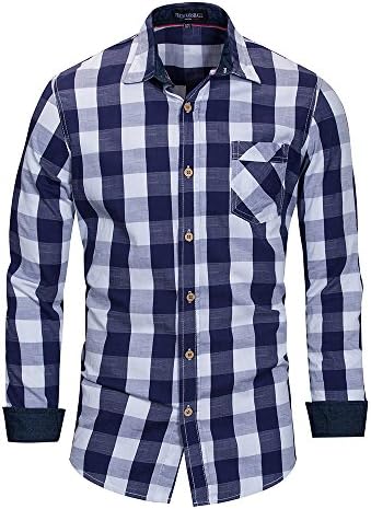 FASHIONMIA Men's Long Sleeves Casual Button Down Plaid Shirts Blue L