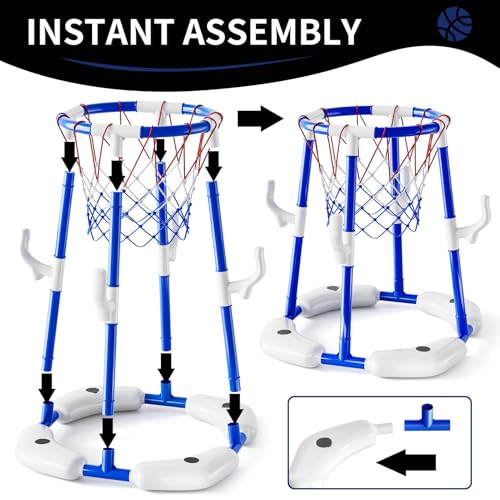 Uniiking® Pool Basketball Hoop Toys for Adult, Summer Outdoor Swimming Pool Games Water Play Toys Family Party for Kids, 2 in1 Pool Basketball Hoop & Ring Game with 4 Balls 12 Rings & Pump, Blue