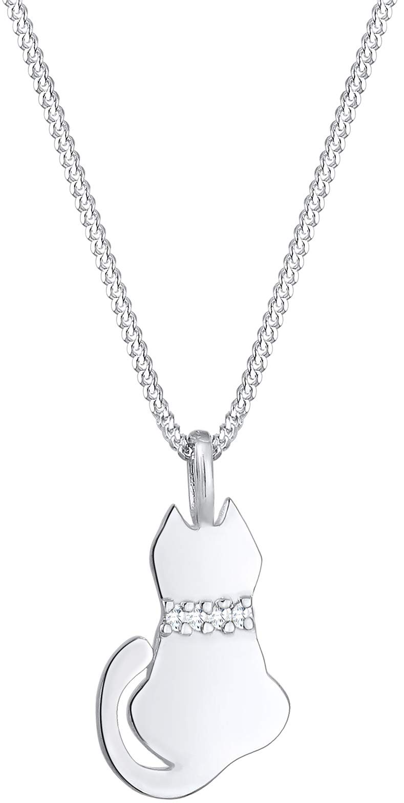 Nenalina 0102411419_45 Women's Necklace and Cat Pendant with White Zirconia Stones in 925 Sterling Silver, Chain with Pendant for Women, Silver Chain Length 45 cm, Cubic Zirconia